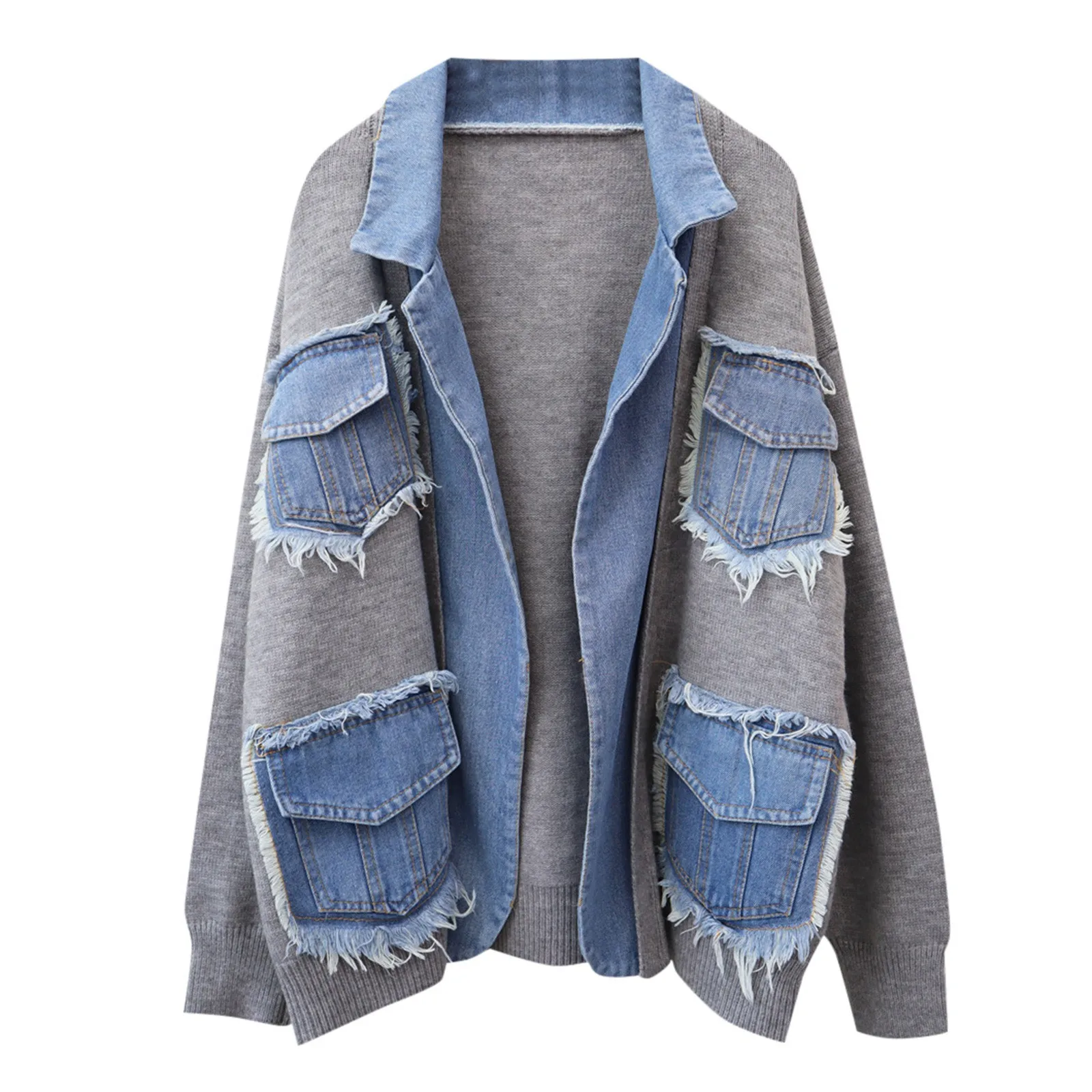 Lapel Solid Pockets Knit Patchwork Denim Jacket Female Casual Long Sleeve Thicken Cardigan Jumpers Coat Autumn Winter Outwear