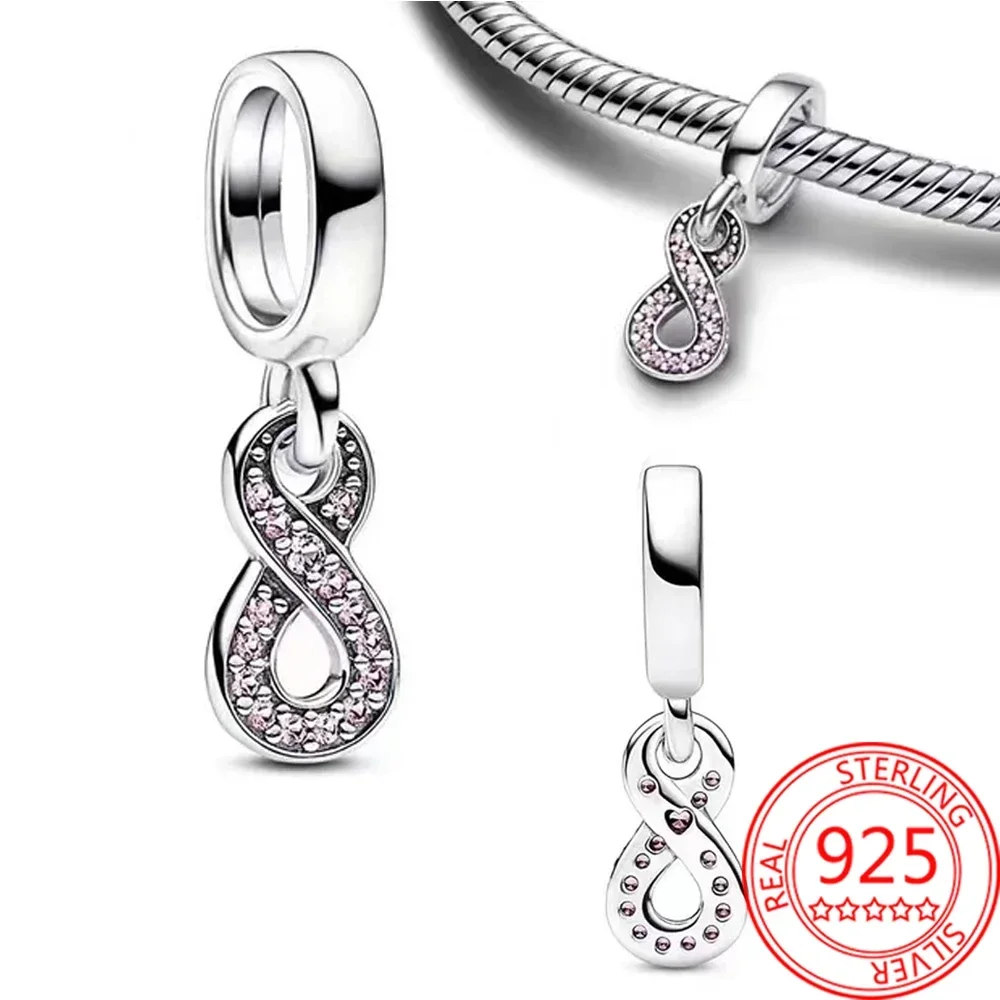 Number 8 925 Sterling Silver Pink Diamond Infinite Dangle Charm Fit DIY Bracelet Necklace Collect Blessings and Decorative Gifts