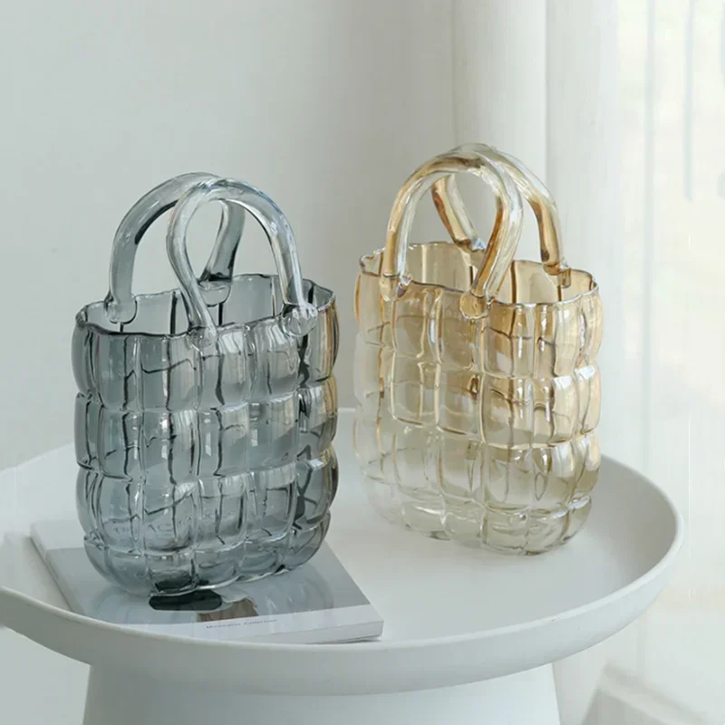 Clear Glass Vase Bag Handbag Basket Transparent Terrarium Flower Vase Floral Arrangement Accessories Living Room Decoration