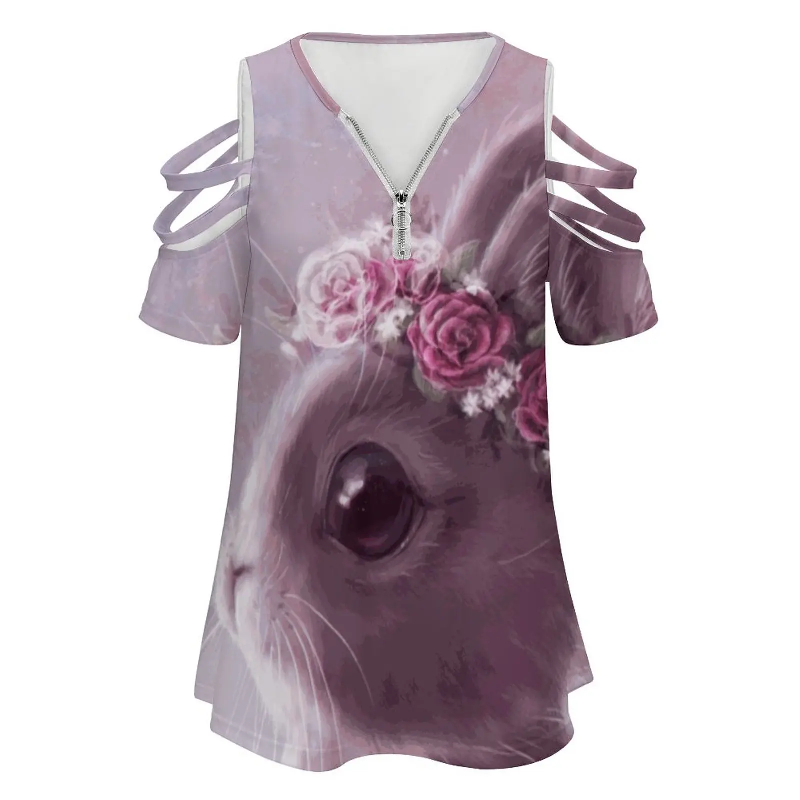 Fairy Bunny Women'S T-Shirt Summer Fashion Print Floral V-Neck Zipper Tshirt Hollow Pullover Ladies Top Bunny Rabbit Cute