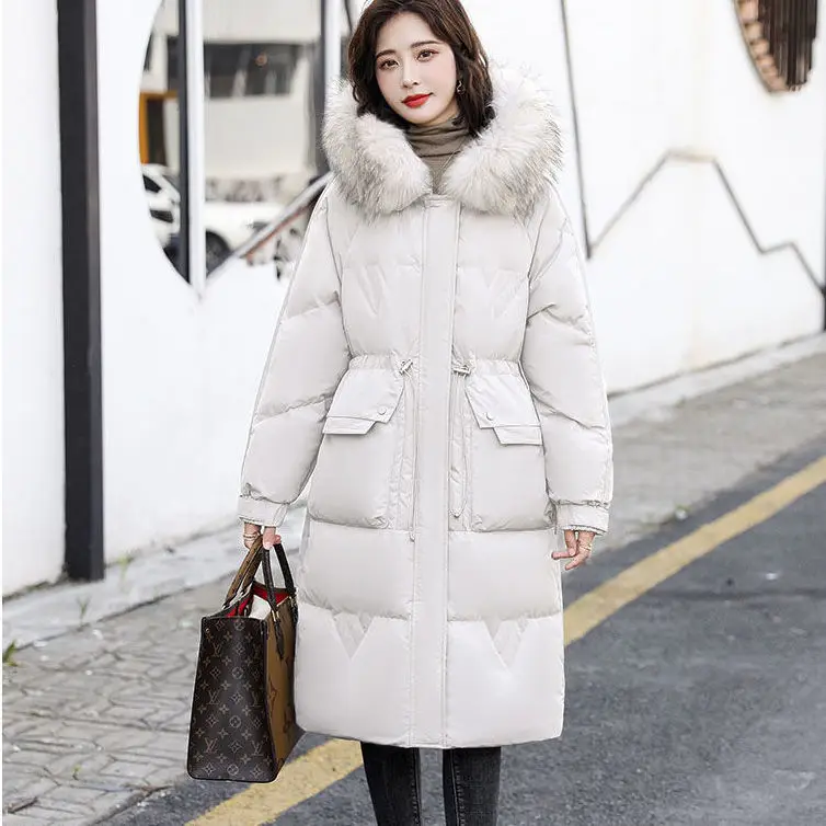 

2023 New Women Down Jacket Winter Coat Female Mid-length Parkas Imitate Raccoon Fur Collar Outwear Hooded Hin Thin Overcoat