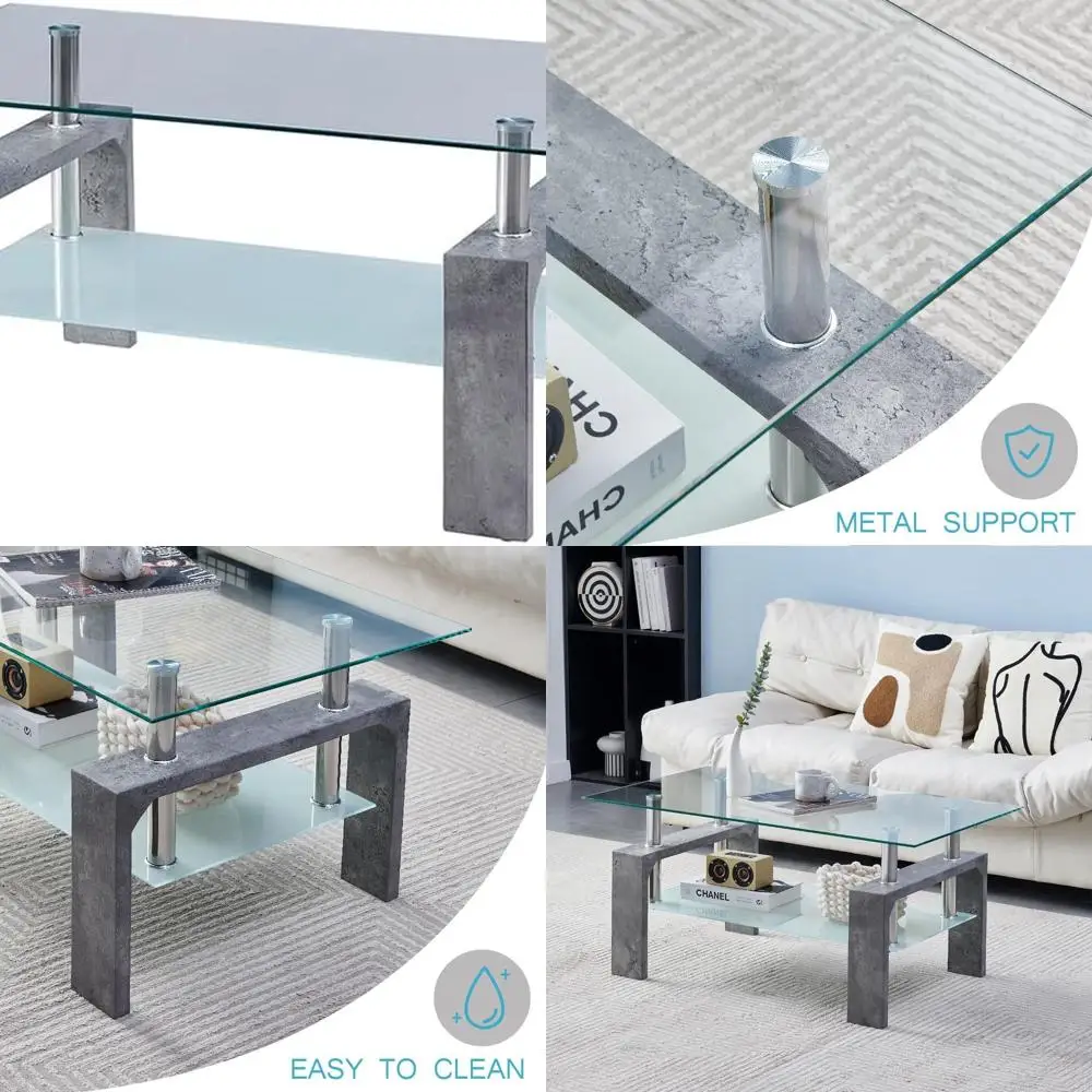 طاولة قهوة حديثة مستطيلة بأرجل خشبية، سطح زجاجي ورف سفلي، مثالية لمناطق الانتظار، طراز رخامي رمادي #1