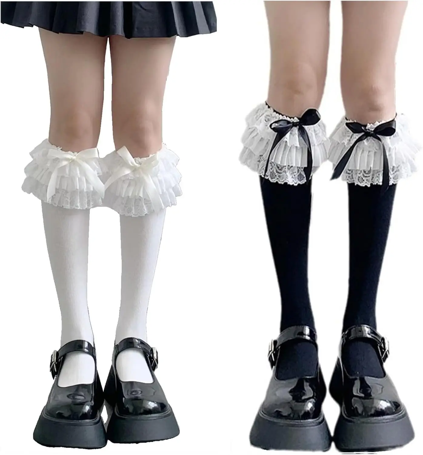 Damen-Kniestrümpfe mit Spitzenrüschen, Lolita, mehrschichtige Schleifenstrümpfe, lange Socken im College-Stil für Mädchen