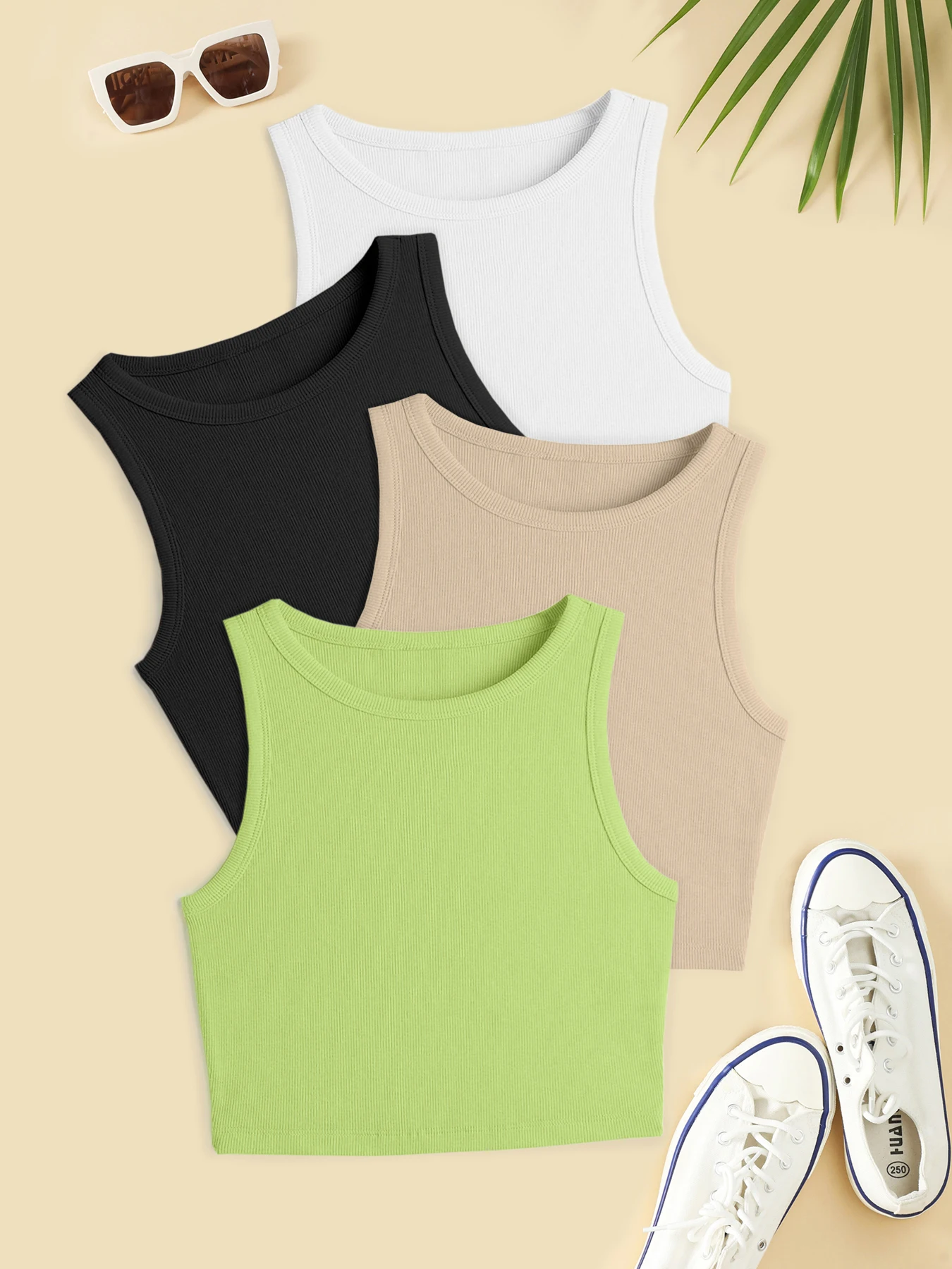 Solides, geripptes Crop-Tanktop, lässiges, ärmelloses Tanktop mit Rundhalsausschnitt für den Sommer, Damenbekleidung