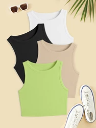 Solid Ribbed Crop Tank Top, Casual Crew Neck Sleeveless Tank Top For Summer, Women's Clothing
