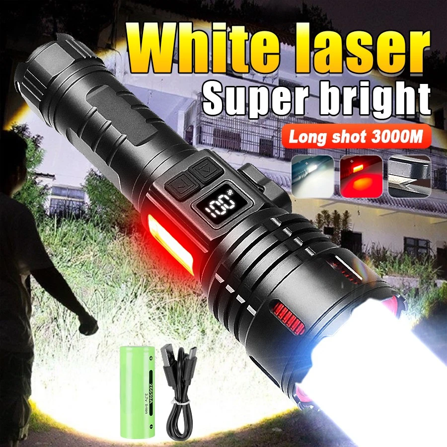 

Paweinuo Rechargeable LED Flashlight White Laser 3000M High Power LED Torch Long Shot Super Powerful Flashlight Tactical Lantern