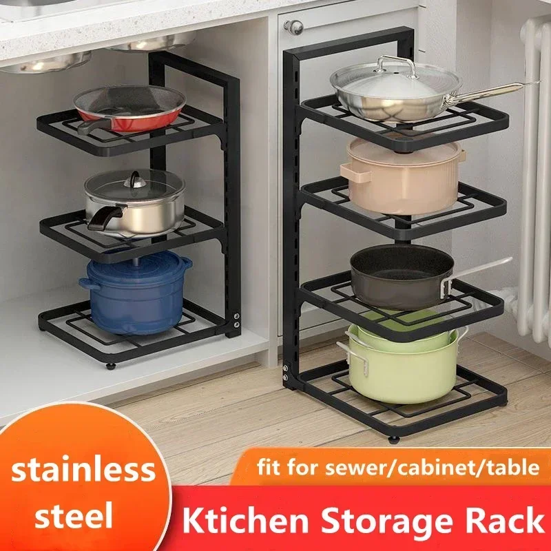 Kitchen Shelves Multi-Layer Pot Storage Rack,Adjustable Cabinet Under Sink Pan Rack, Holder Stainless Household Bowls Organize