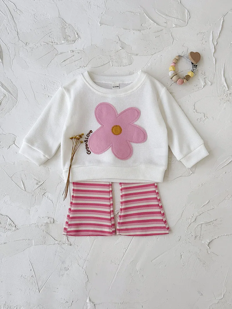 

MILANCEL New Autumn Baby Clothes Set 6M-3T Cute Flower Infant Girls Hoodie +Stripe Bell-bottoms Long Sleeves Toddler Outfit 2PCS