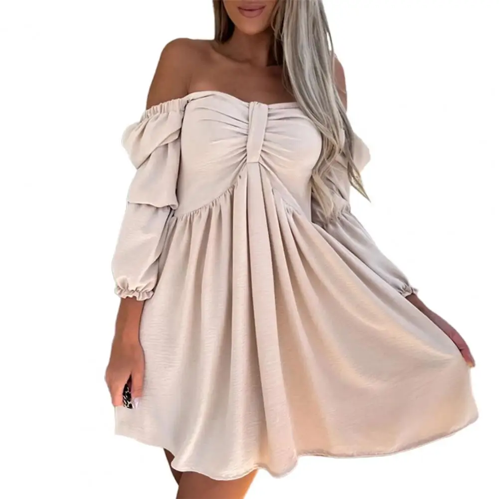 Puff Sleeves Dress Lady Summer Mini Dress Stylowa damska sukienka mini z odkrytymi ramionami i rękawami bąbelkowymi Wysoka talia Miękka