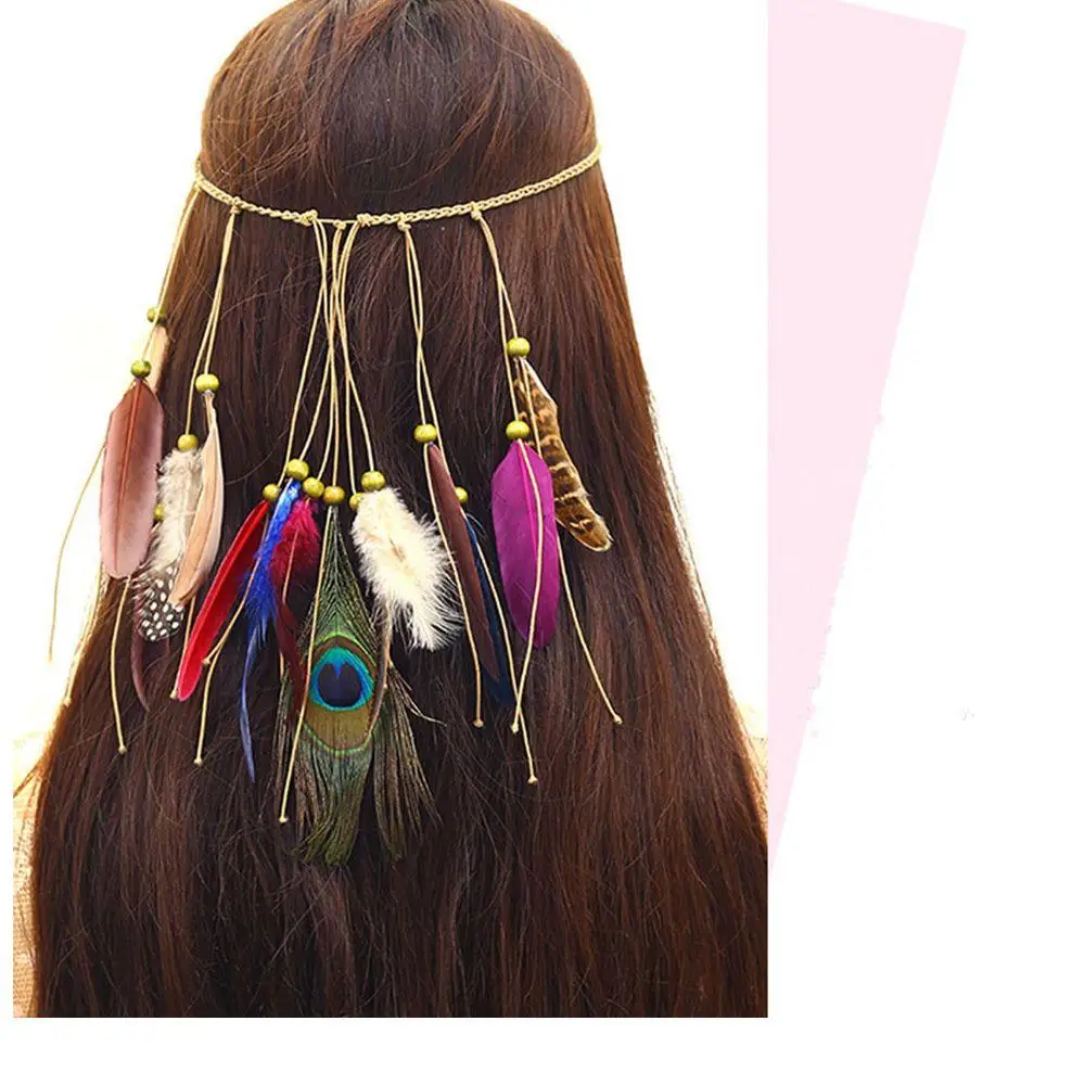 

Woman Crown Feather Peahen National Wind Boho HairBand Headdress