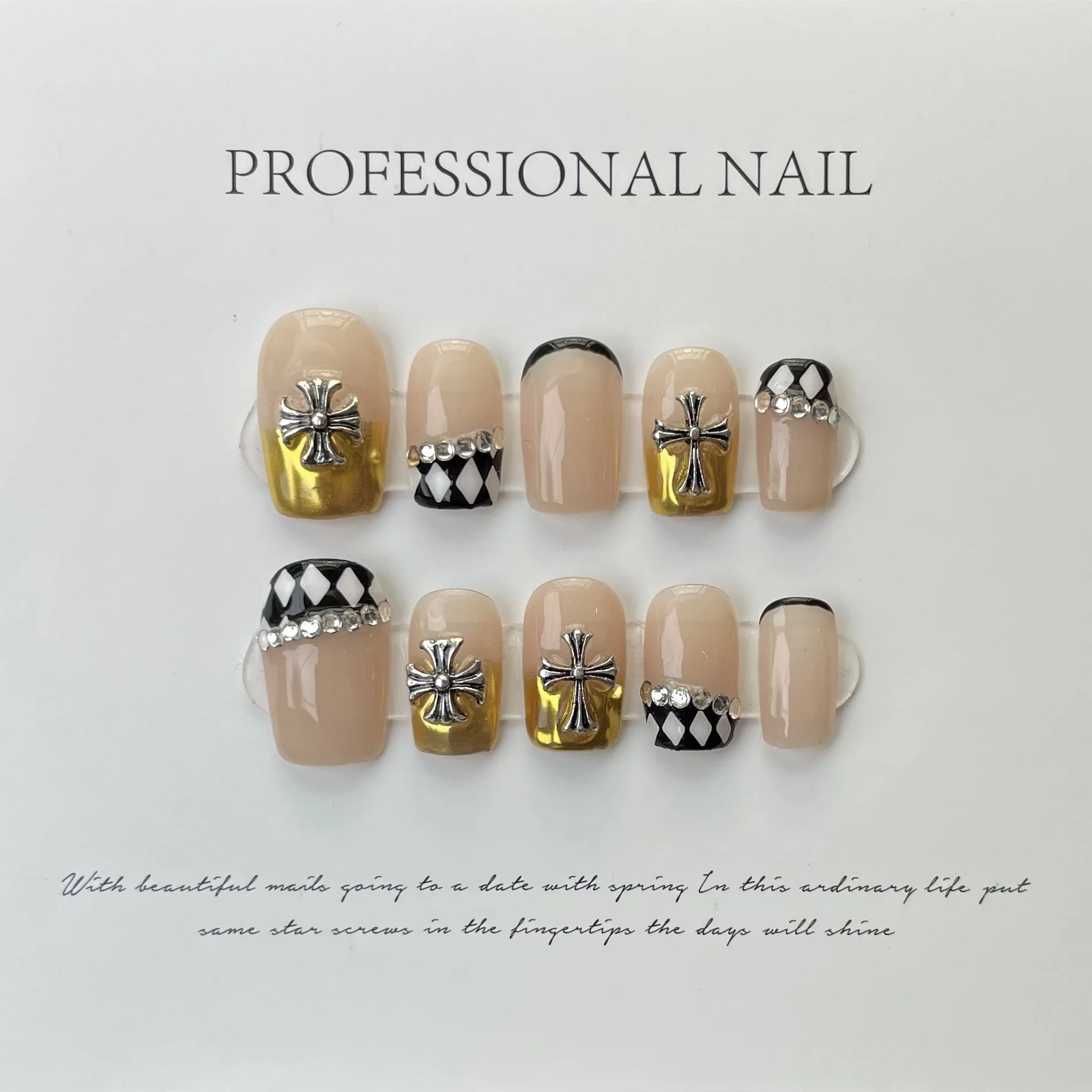 

10 pcs Luxury Handmade Press on Nails Middle Square Rhombic Cross Design False Nails with 4-PIECE Tool Adhesive Nail Glue Tabs