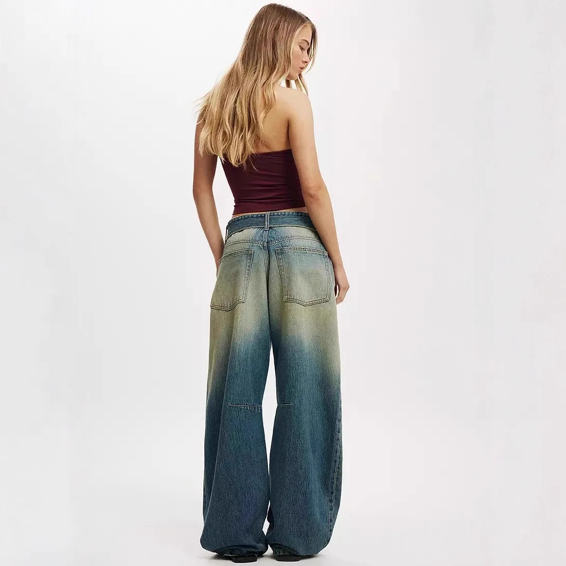 Amerikanischer Retro-Steingewaschene Arbeitskleidungsjeans mit weitem Bein, 2025, Frühjahr, neues Design, High-Street-Sexy-Mädchenhose mit geradem Bein