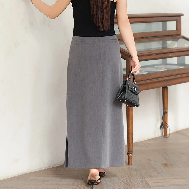 Plus Size Women's High-Waist Midi Skirt Premium Skirt With Side Slit, French Chic Style & Classic Grey Office Wear