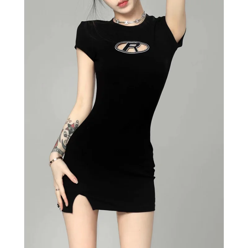 Womens Black Dress Hollow Out Sexy America Fashion Temperament Minimalist Female NEW 2023 Summer Arm Wrap Split Miniskirt