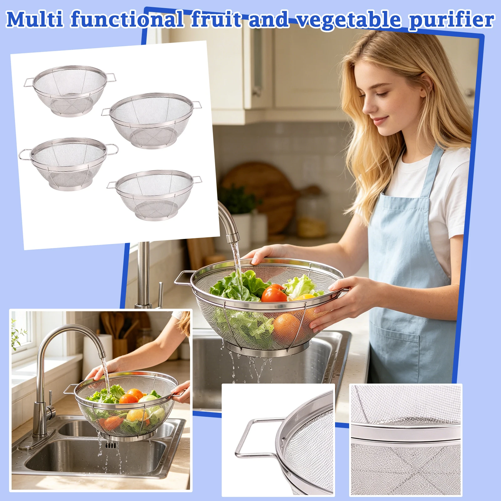 Stainless Steel Colander Multi-Functional Sieve for Vegetable and Fruit Drainage Basket Kitchen Storage Fruit Baskets