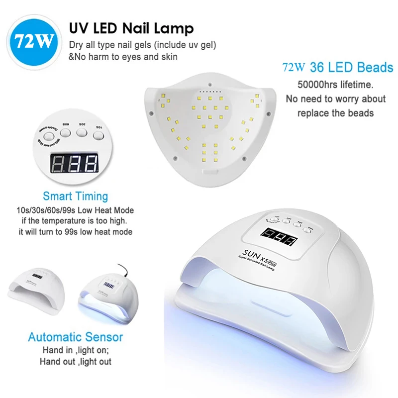 LED Nail Lamp For Manicure 72W Nail Dryer Machine UV Drying Lamp For Curing UV Gel Nail Polish With Motion Sensing LCD Display