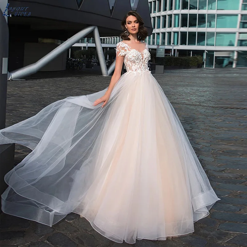 Gaun pernikahan lengan pendek ilusi pengantin gaun pengantin Tulle A-line gaun pengantin wanita vestivestivintage Vestido De Novia