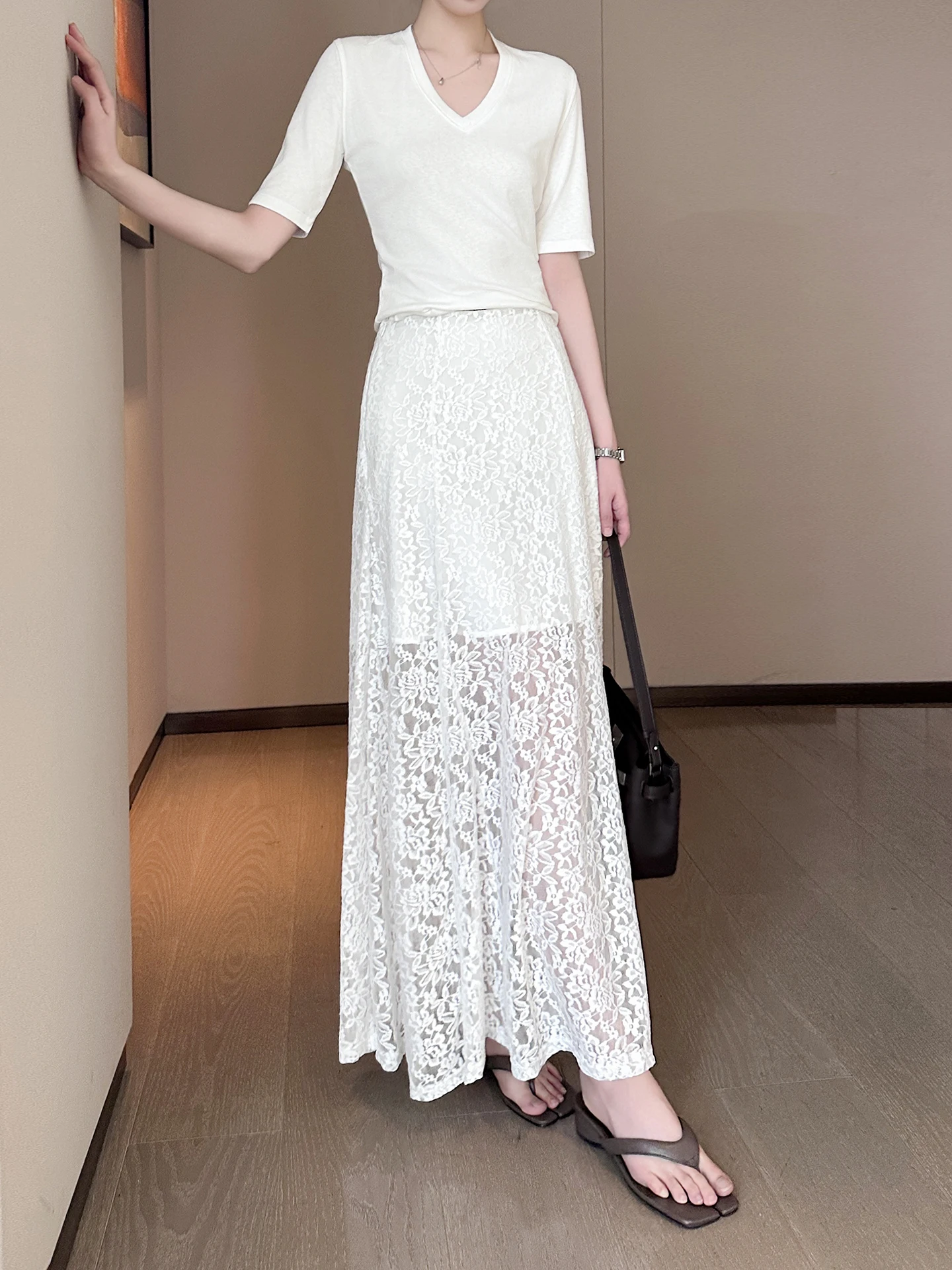 

Элегантная белая кружевная длинная юбка А-силуэта с высокой талией, стройнящая, струящаяся, женская, летняя, модная, дышащая, приятная к телу