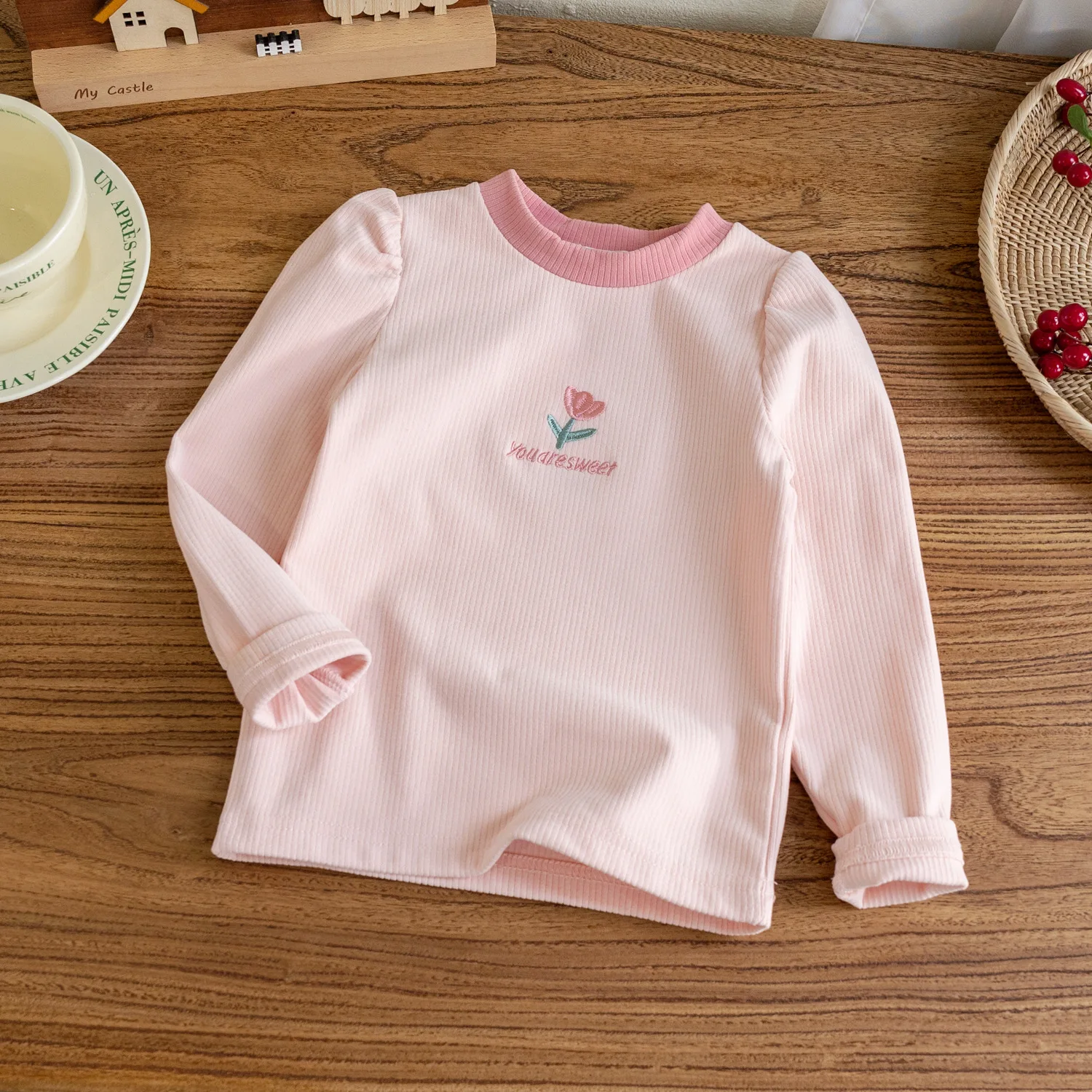 Girls Long Sleeve T-shirt 2024 Spring Autumn New Korean Western Versatile Toddler Girls Base Shirt Sweet Cute Embroidered Top