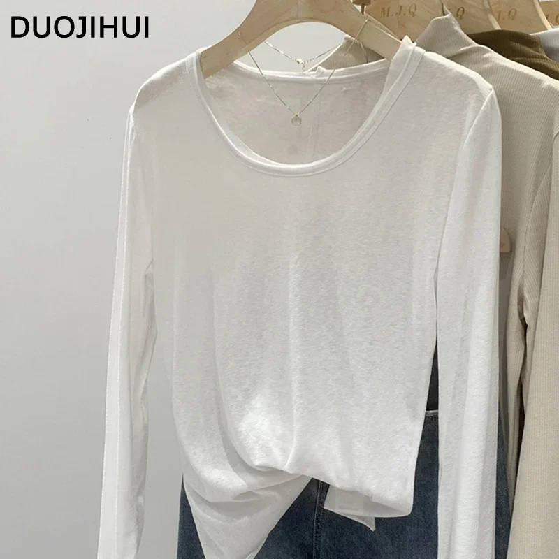 DUOJIHUI Pink Soft Slim Sweet Long Sleeves Female T-shirts Autumn Solid Color Basic O-neck Simple Casual Fashion Women T-shirts