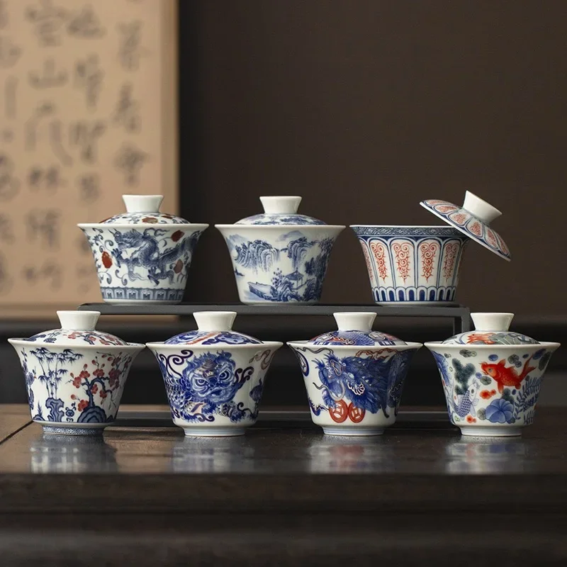 120ML Jingdezhen Ercai Gaiwan Blue and White Underglaze Colored Bubble Tea Bowl Ceramic High Temperature Blue and White Tea Bowl