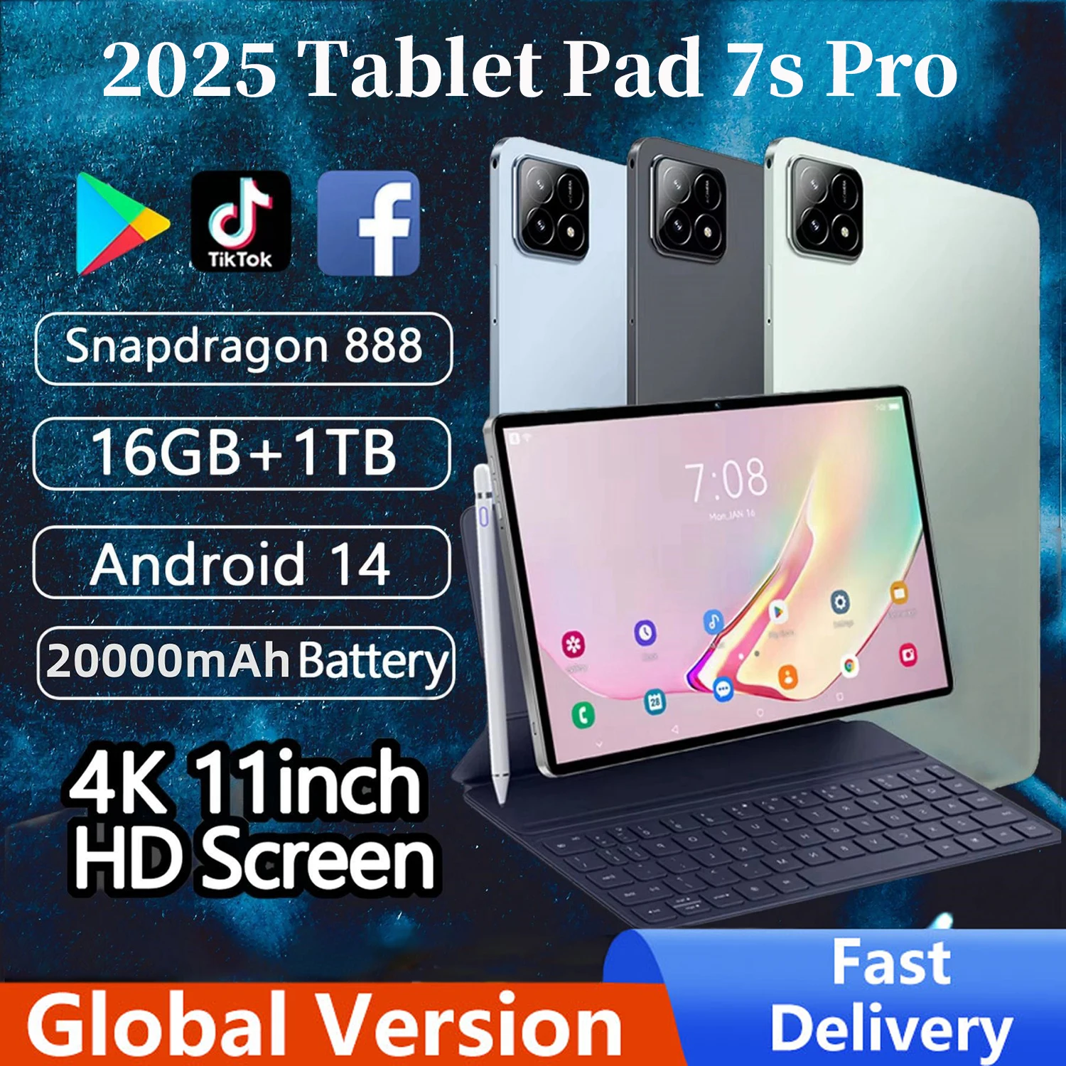 

2025 Global Version Pad 7S Pro Tablet 11 inch HD 4K Android 14 16GB ROM 1024GB 2T 20000mAh 5G Dual SIM WiFi GPS Tablet PC Tab