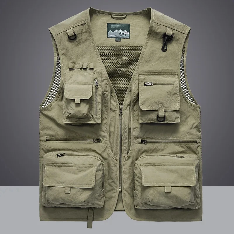 2025 New Men's Vest Tactical Webbed Gear Coat Summer Photographer Waistcoat Tool Many Pocket Mesh Work Sleeveless Jacket Male