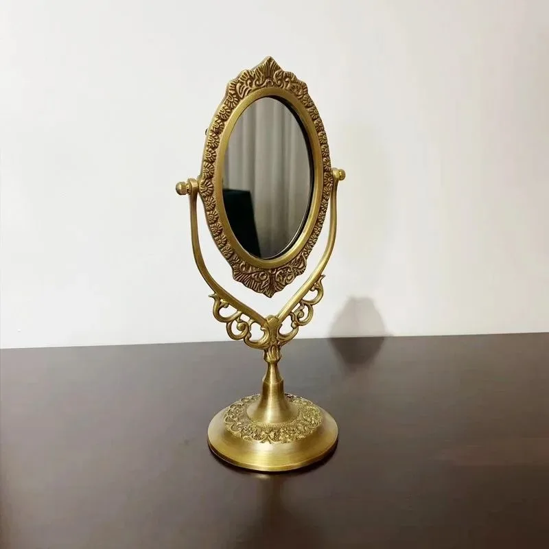 European style brass retro light luxury makeup mirror, wedding, housewarming, birthday gift, American desktop makeup mirror deco