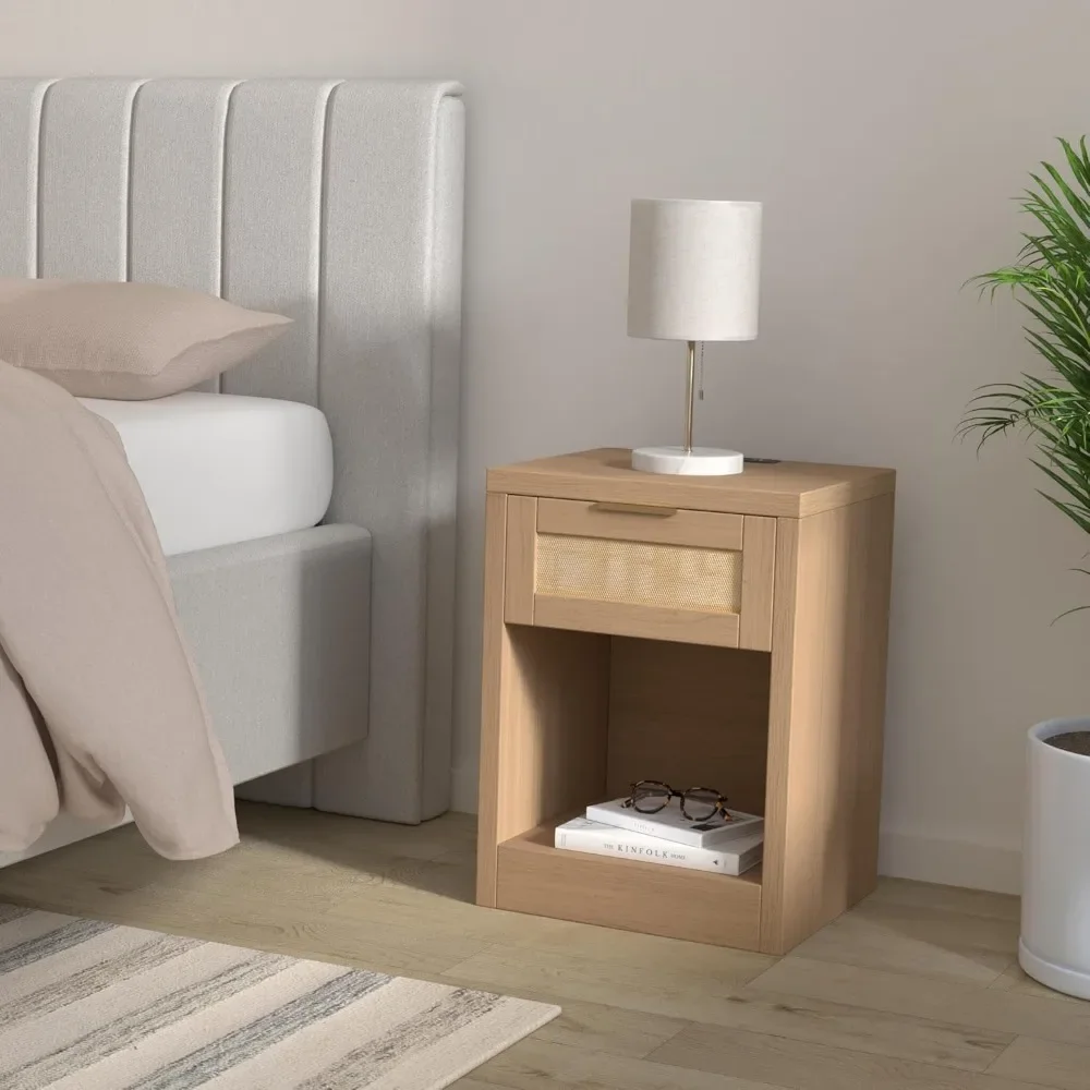 Nightstand Set of 2, Rattan Night Stand with Type-C Charging Station, Bedside Table with Drawer,  Bed Side Table End Table