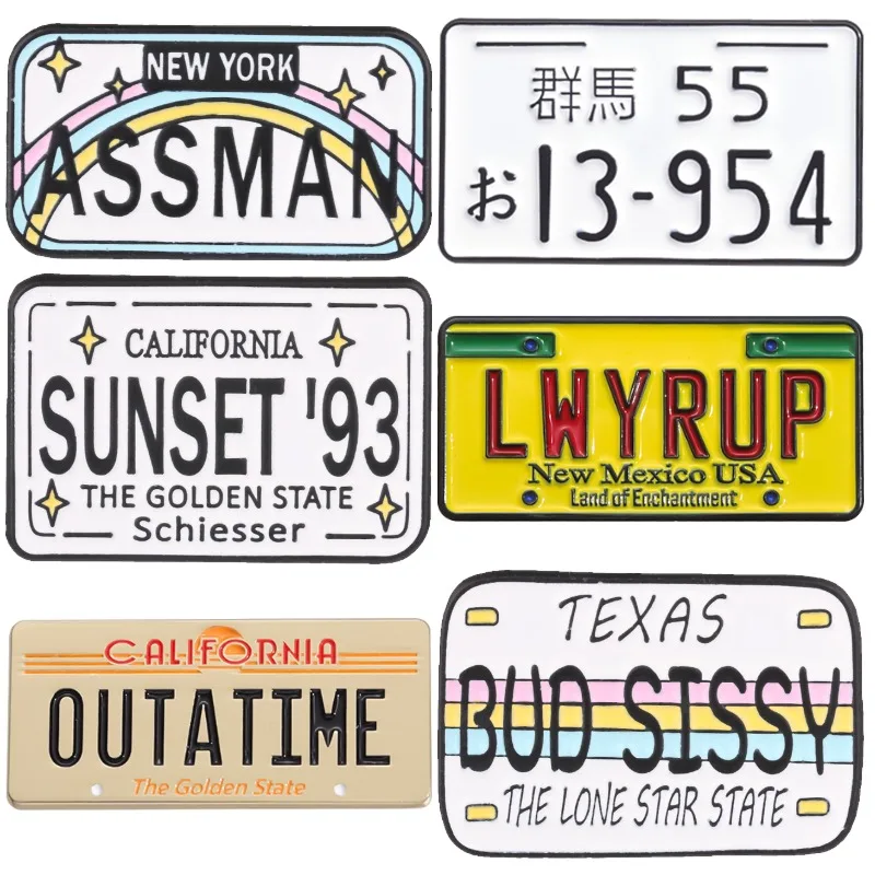 Movie TV License Plate Enamel Pins Funny Pop Culture Brooches New York California Texas Badges Jewelry Gift for Film Fans