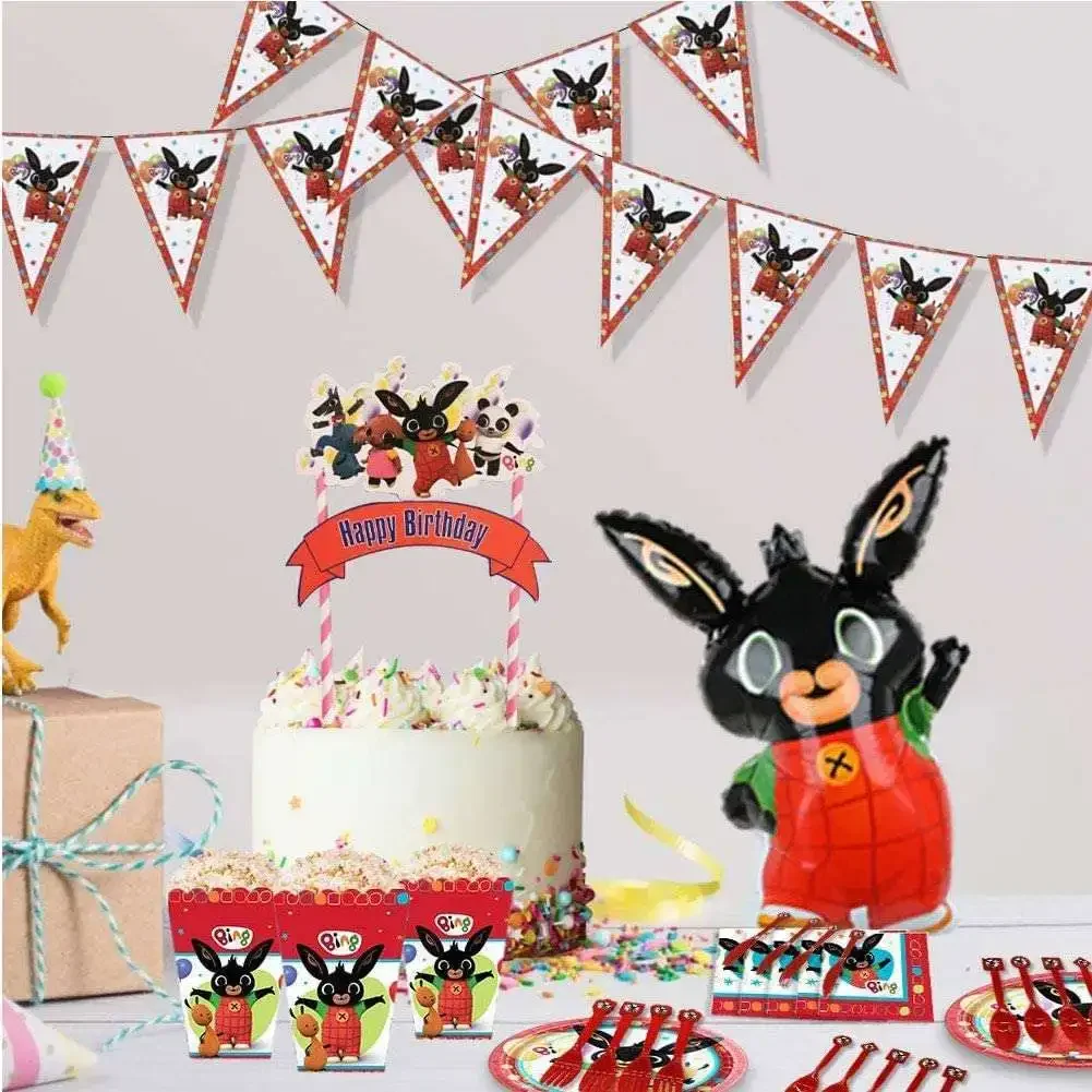 Cartoon Rabbits Balloons Red Black Bings Toys Happy Birthday Banner Cake Topper Kids Toy Birthday Party Decoration Supplies