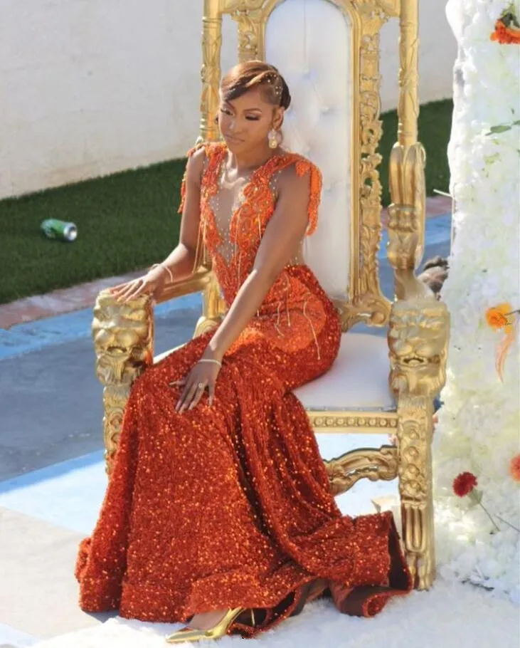 Orange Luxury Trumpet Evening Dress For Women Sparkly Diamond Tassel Black Girl Slay Birthday Gown bestido de gala