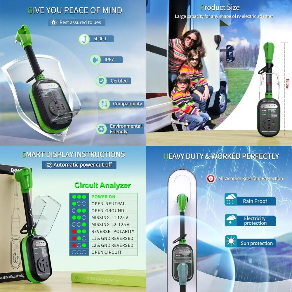 EyGde RV Surge Protector 50 أمبير مقاوم للماء - محلل دائرة RV لحماية الجهد الكهربائي لمقطورة السفر للتخييم، أخضر #1