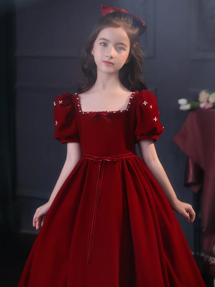 2024 Christmas Red Ball Gowns for Girls Baby Girl Elegant Beading Party Dress Children Luxurious Bridesmaid Dresses for Weddings