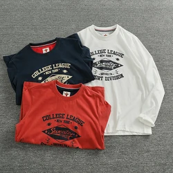 Autumn New American Retro Long-sleeved O-neck Letter Printed T-shirt Men's Fashion Simple 100% Cotton Washed Casual Sport Tops