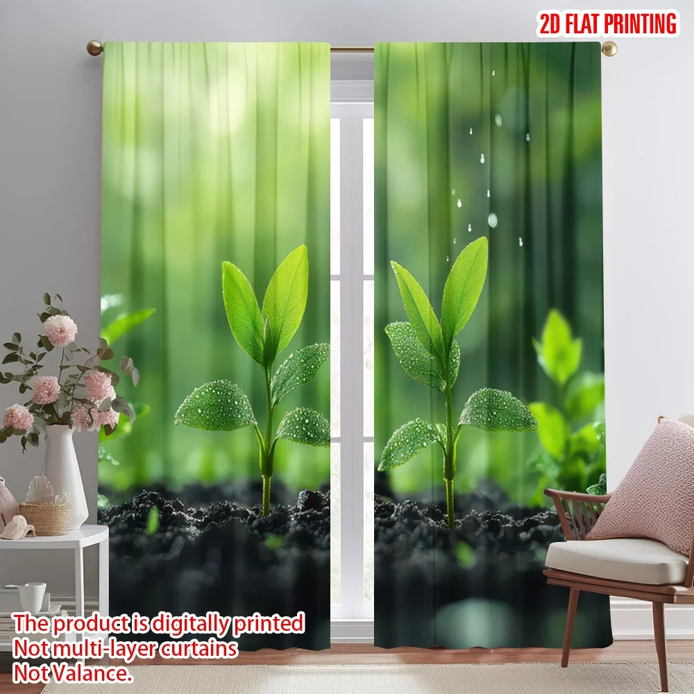 

2D flat printing 2pcs Party Window Curtains Young Green Seedlings Digital Printed Polyester Drapes Festive Curtains Use for Home