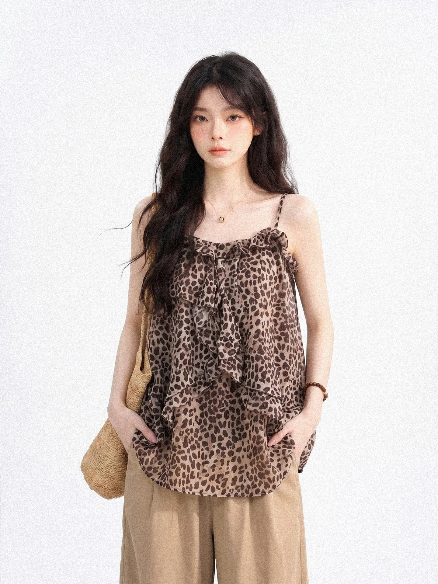 2026 Leopard Print Chiffon Cami Top Women Summer Thin Ruffled Edge Loose Design Sleeveless Vest