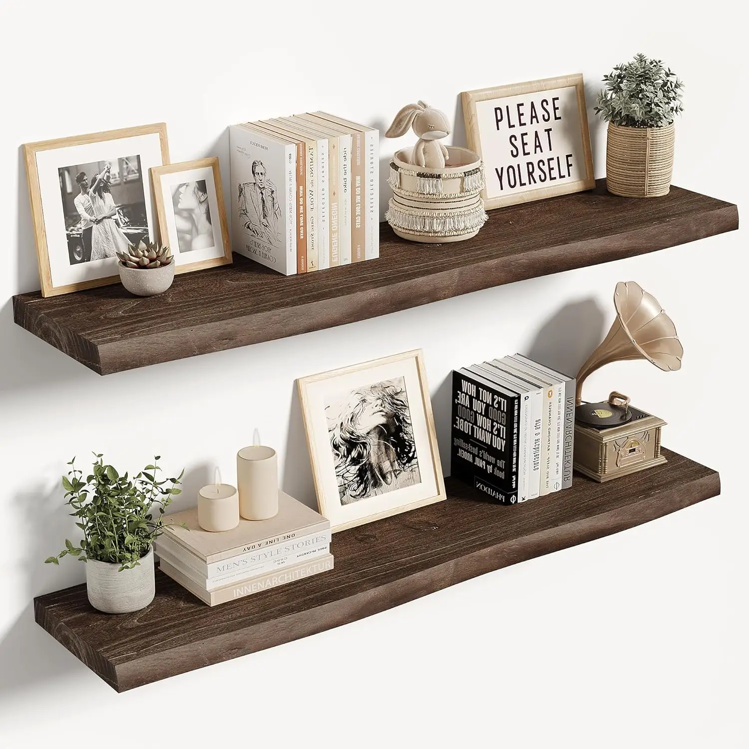 

Live Edge Floating Shelves 36 inch Long, Elm Wood Wall Display Shelf with Invisible Bracket for Living Room Bedroom Bat