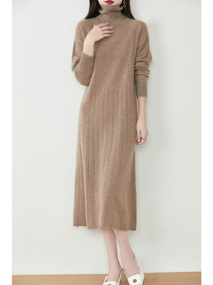 

Women's Pure Wool Knitted Long Dress, High Collar, Bat Sleeves, Slim, Elegant, Casual, Fashionable, 2024 Autumn/Winter