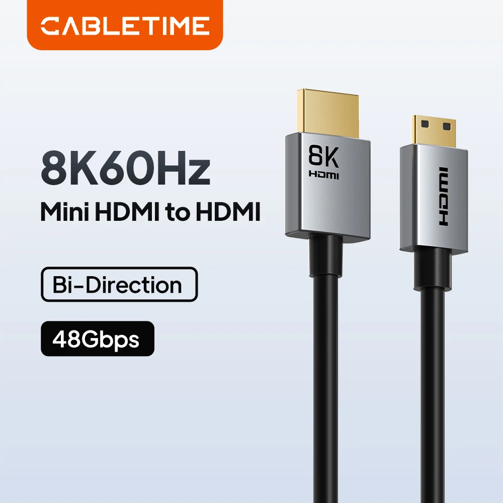 CABLETIME 8K@60Hz Mini HDMI zu HDMI Bidirektionales 48Gbps Datenübertragungskabel HDMI 2.1 für Laptop und Monitor