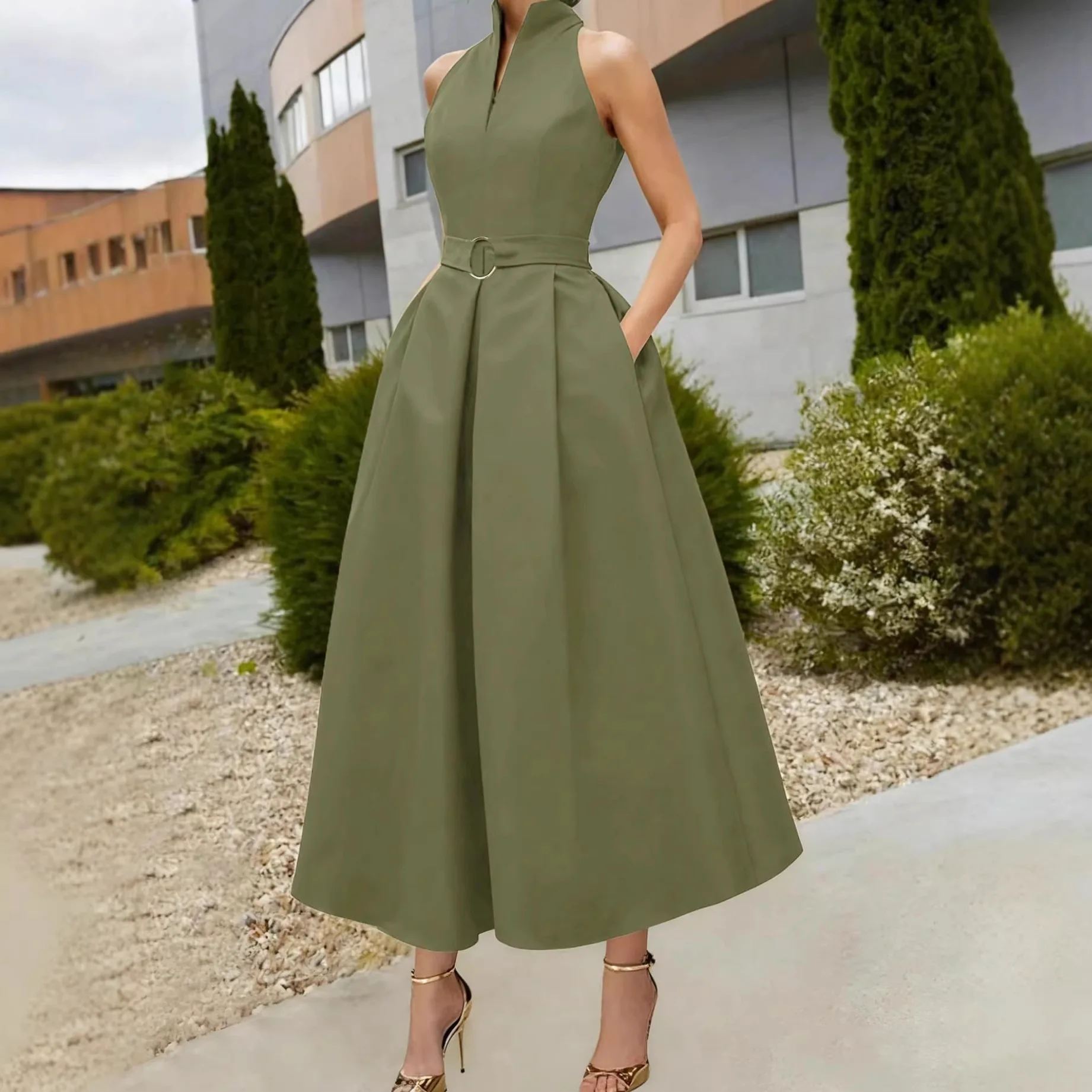 

Africa Clothing Sleeveless A-Line Dress Womens Summer New Style Outdoor Casual Slimming Design round Ring Waist Belt Midi Dress
