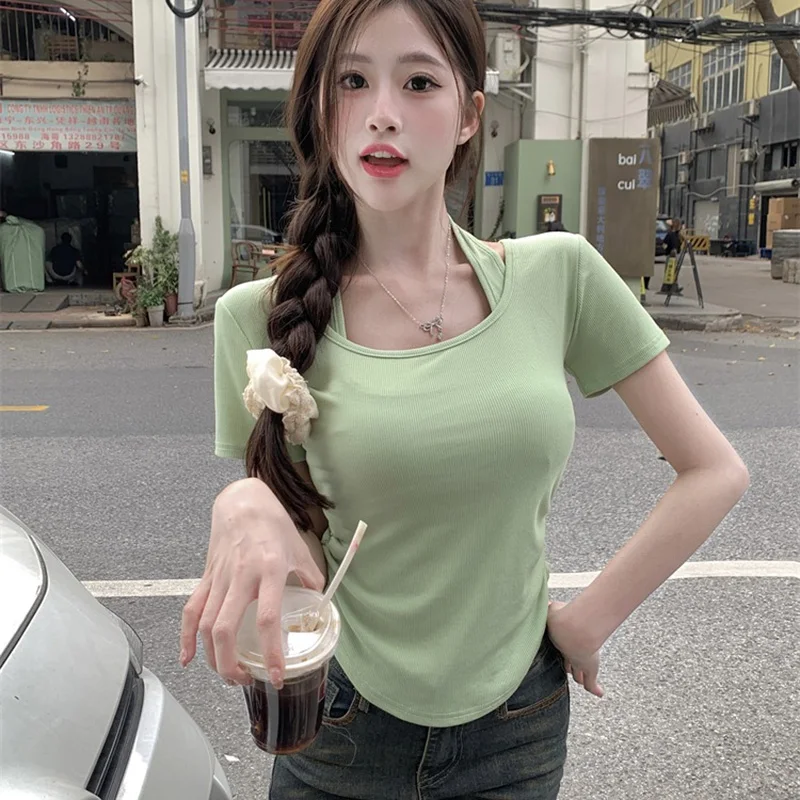 2024 Summer Women Sexy Hanging Neck Tops Lady Outside Vacation Short Sleeved T-shirts Female Concise Slim Fit Colorful Clothes