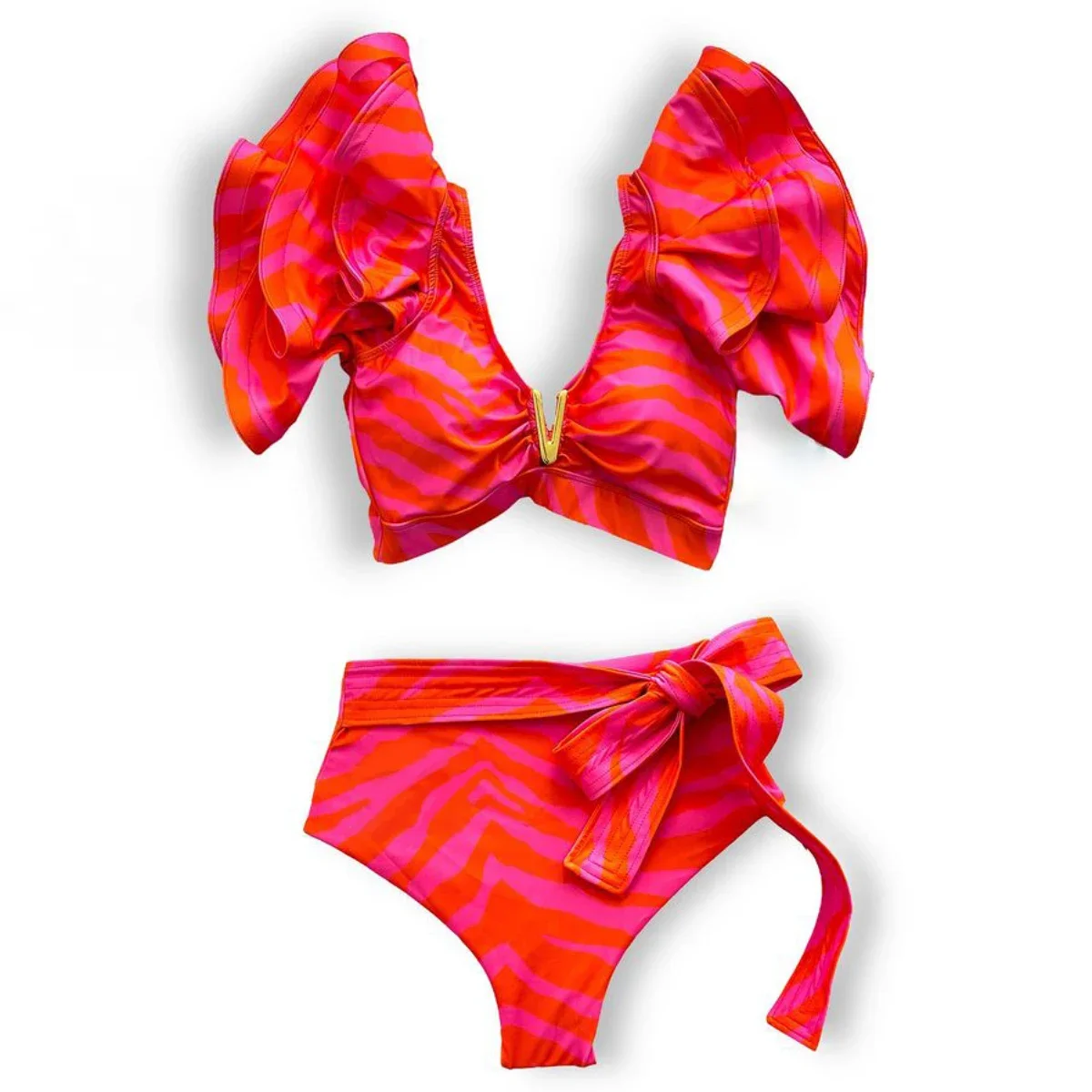 2024 Nieuwe Sexy Hoge Taille Bikini Sets Ruche Badmode Vrouwen Badpak Print Bloemenprint V-Hals Strandkleding Badpakken Biquini