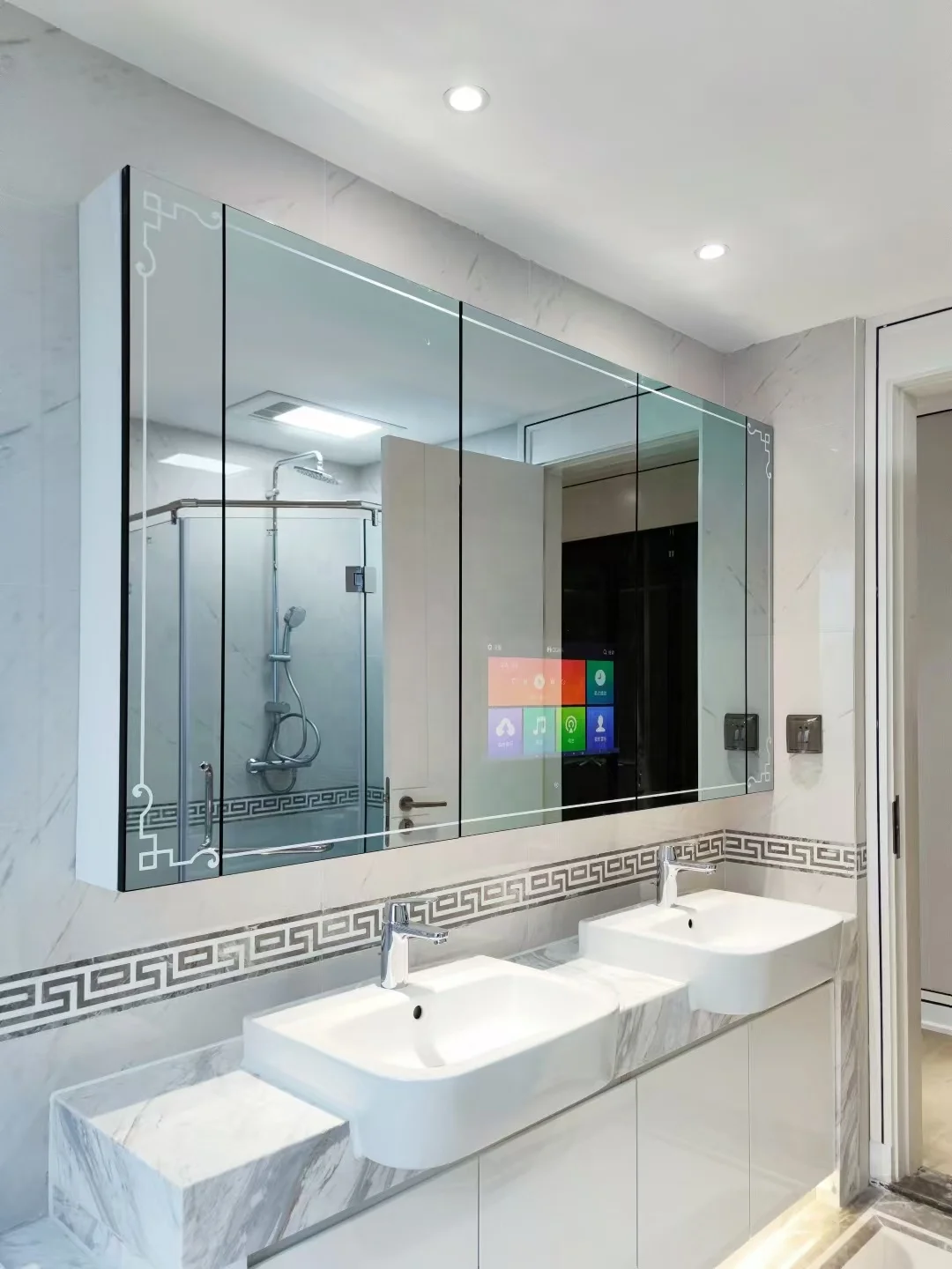 2026 Smart Magic Mirror Touch Screen LED Light Strip Graphic Design Stainless Rectangle Salon Home Control Custom Bathroom TV
