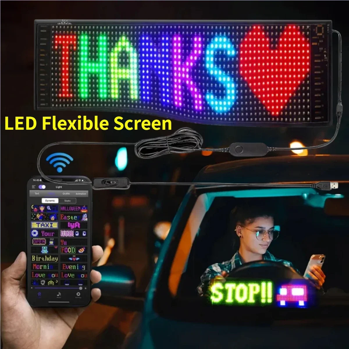 

LED Car Pixel Panel Scrolling Bright Advertising LED Signs Flexible Screen USB Bluetooth App Control for Taxi Rear Window Shop