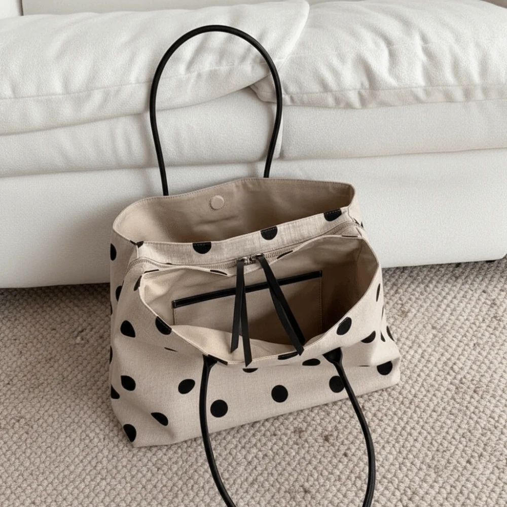 

Solid Black Polka Dot Shoulder Bag Double Zipper Multi-compartment Nylon Tote Bag Durable Foldable Large Capacity Handbag Travel