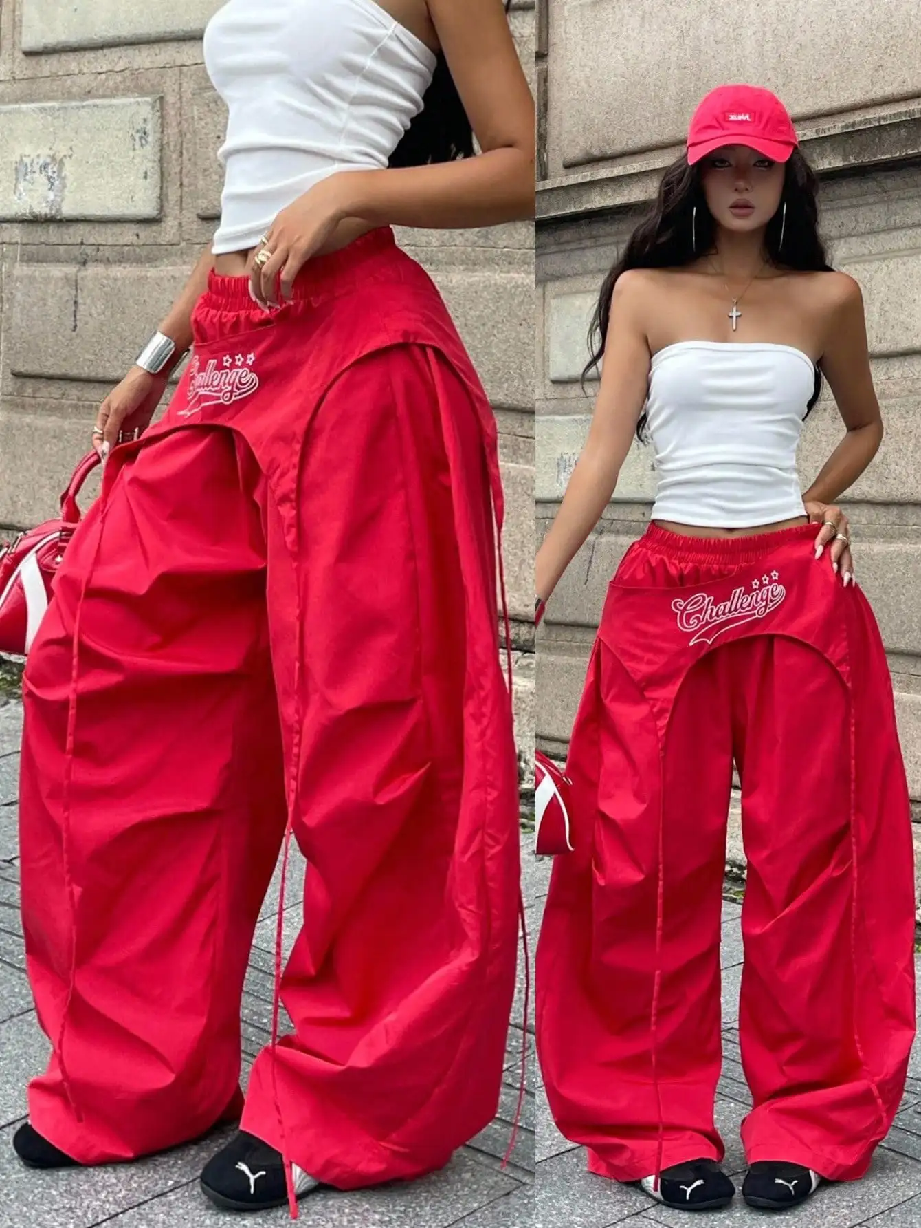 

Women's Red Oversized Streetwear Pants with Embroidered Script and Side Cutouts