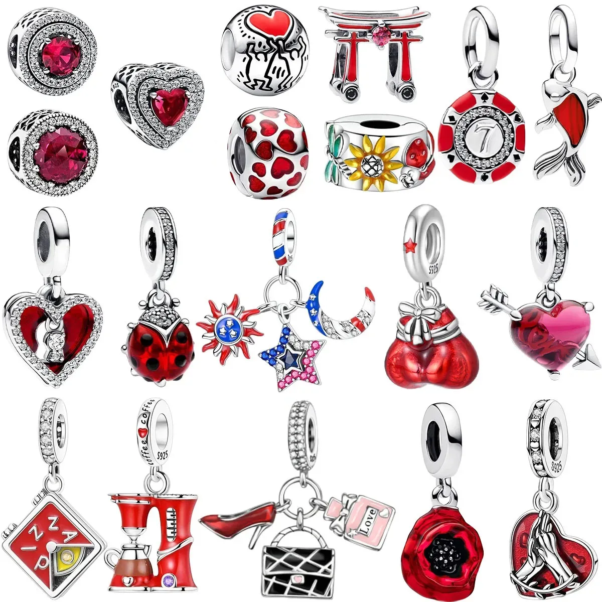 925 فضة الأحمر القلب الأسماك زهرة منطاد الهواء الساخن الخنفساء الأزياء الخرزة سحر ل الأصلي سوار ذاتي الصنع المجوهرات الجميلة #1