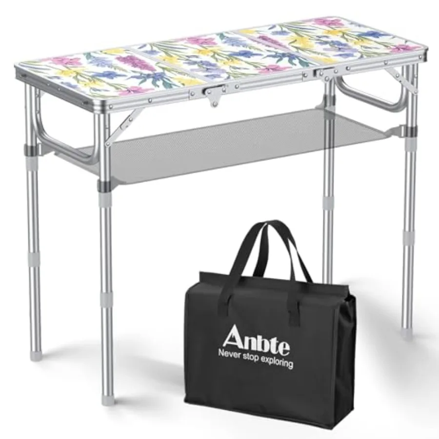 

Outdoor folding camping table, aluminum alloy, blooming floral, 3 adjustable heights up to 27.5, lightweight with storage net c