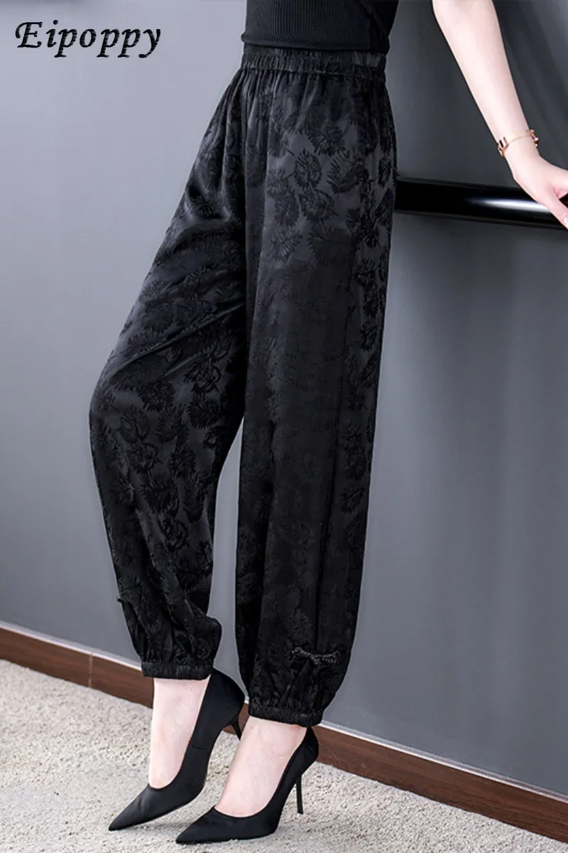 بنطلون حريم أسود رفيع مربوط بكاحل ، حرير حقيقي جامبيرد ، بنطلون فانوس أنيق ، لفافة حرير جوانج ، الصيف